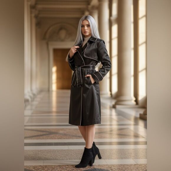 Forever 21 Black Faux Satin Belted White Trim Double-Breasted Trench Jacket Med - Picture 2 of 9